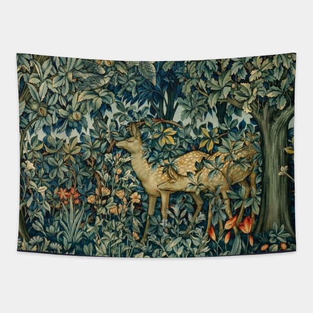 GREENERY,TWO DOES AND BIRDS IN FOREST Blue Green Floral Tapestry Tapestry by BulganLumini