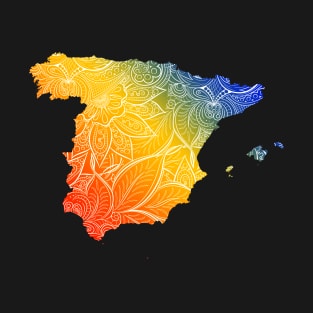 Colorful mandala art map of Spain with text in blue, yellow, and red T-Shirt