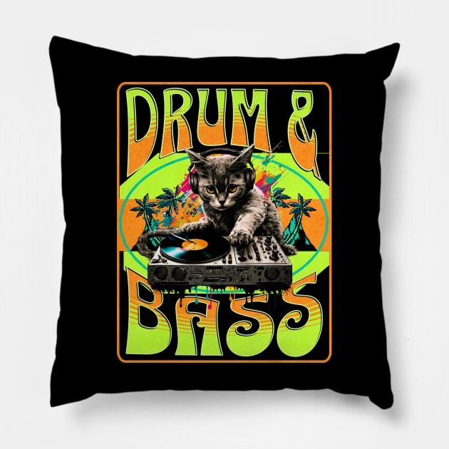 DRUM AND BASS  - Psychedelic Cat Dj (lime/orange) Pillow by DISCOTHREADZ 