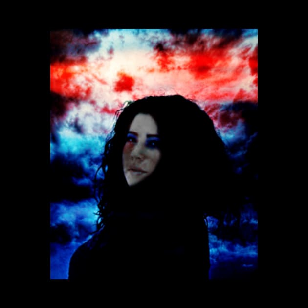 Beautiful girl with dark clothing and hair on dark blue and red clouds background. by 234TeeUser234