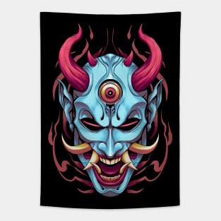 Japanese Blue Yokai Mask Tapestry