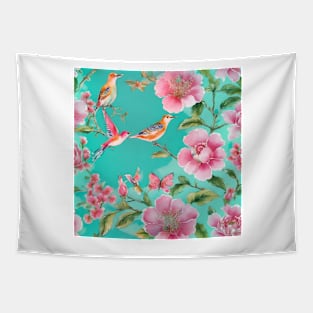 Pink and turquoise chinoiserie flowers and birds Tapestry