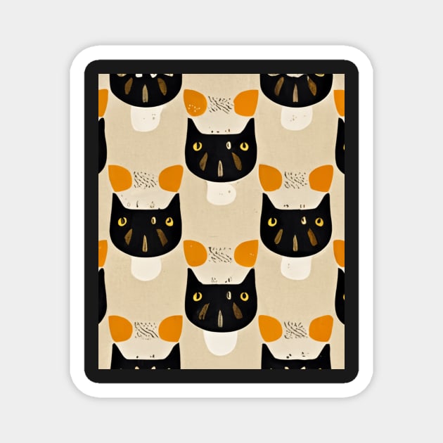 Cute Cat Pattern Abstract, Warm Colors Retro 70's Art, Black White Orange Cats Repeating Pattern Magnet by ThatVibe