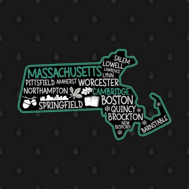 Massachusetts Cambridge cute map Salem Lowell Lawrence Lynn Worcester Springfield by BoogieCreates