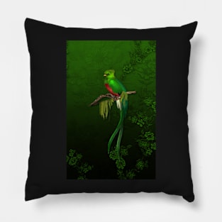 Exotic Quetzal Bird on Green Floral Pillow