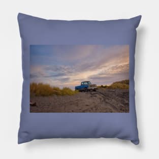 Blue Chevy Pickup on a sand dune at the beach Pillow