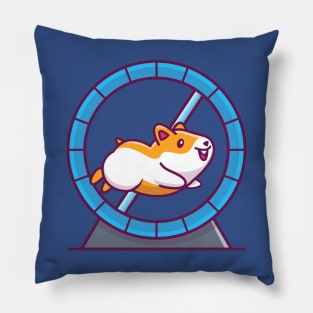 Cute Hamster Running In Running Wheel Cartoon Pillow