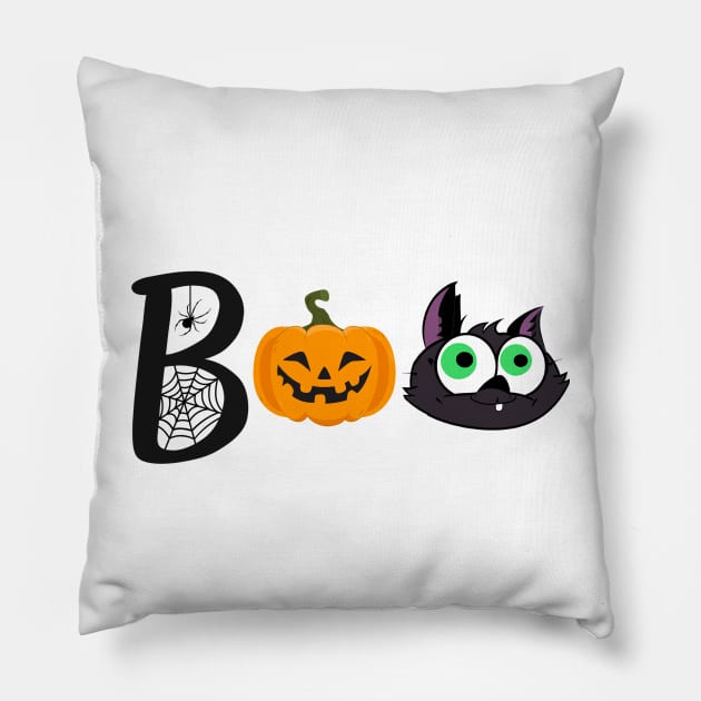 Funny halloween boo with cat head and pumpkin Pillow by colorbyte