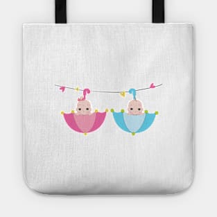 Twin baby boy and girl with umbrella Tote