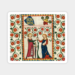 GERMAN POET WITH HIS BELOVED LADY ,MEDIEVAL MINIATURE WITH WILD ROSES Magnet