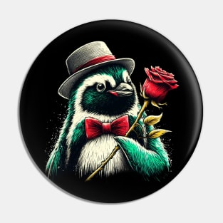 Cute Penguin Red Rose Pin