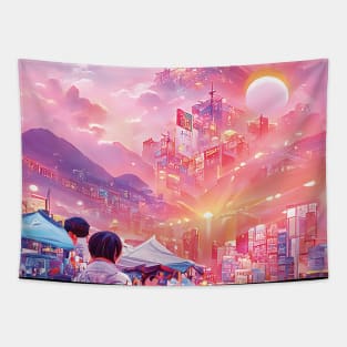 Lofi Dreamy Sunrise at Morning Having Leisure Walk in Big City Tapestry