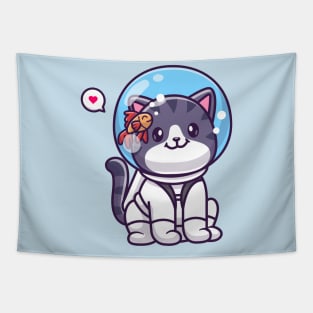 Cute Cat Astronaut Sitting With Fish Cartoon Tapestry