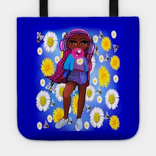 Beautiful Brown skin African American girl with Afro hair in 2 puffs blowing bubblegum and wearing headphones listening to music. Black girls rock, black girl magic,melanin poppin queen anime girl drawn in manga style Tote