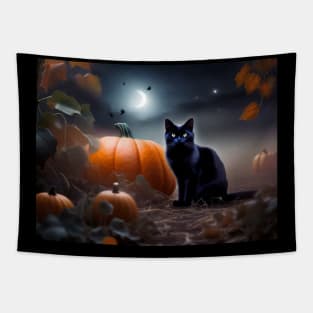 A sleek black cat in a pumpkin patch on Halloween night Tapestry