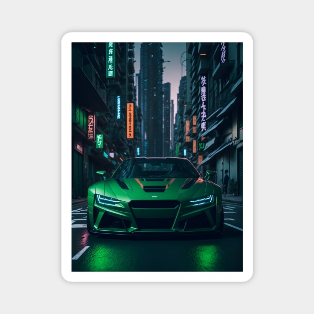 Dark Green Sports Car in Japanese Neon City Magnet by star trek fanart and more