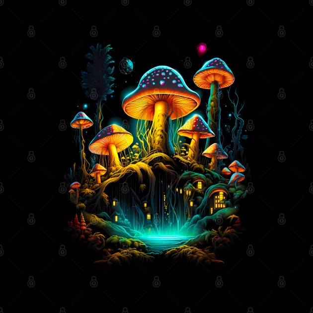 Cottagecore Psychedelic Colors Moon Mushroom Village by VogueTime