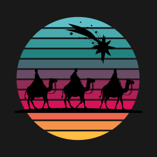 Three Wise Men following star silhouette with retro sunset T-Shirt