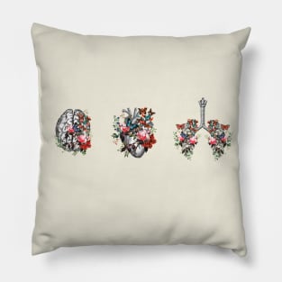 Nature’s Embrace: Floral Brain, Blooming Heart, Butterfly Lungs - Artistic Illustration of Human Organs Melded with Nature Pillow