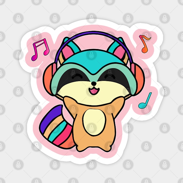 Happy smiling baby raccoon with headphones. Kawaii cartoon Magnet by SPJE Illustration Photography