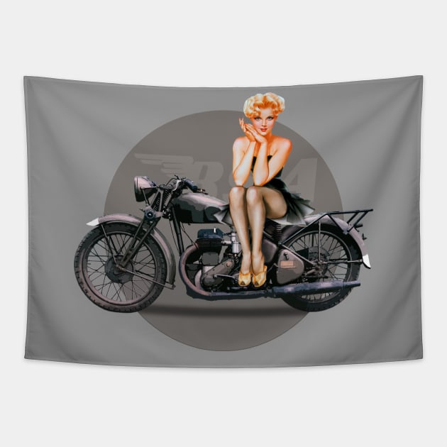 Pin-up girl BSA M20 motorcycle retro poster WW2 Tapestry by Jose Luiz Filho