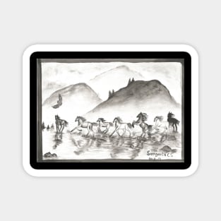 horses galloping across the water monochrome black and white watercolor painting Magnet