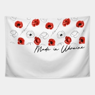 Poppies pattern with text English Made in Ukraine. Tapestry