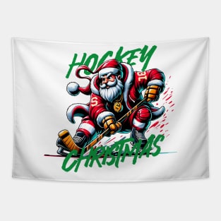 Santa Playing Hockey in Christmas Tapestry