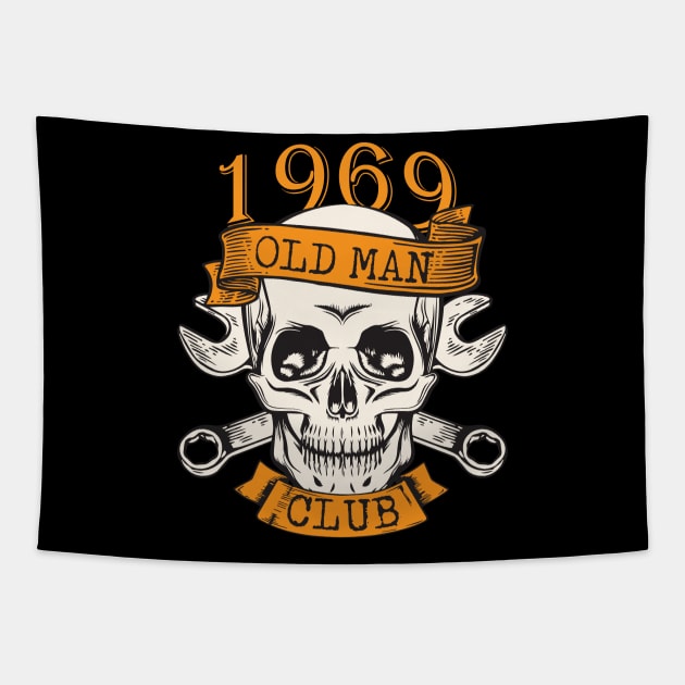 1969 51th Birthday Old man Club Skull and Wrenches Gift Tapestry by GillTee