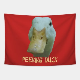 Quirky Peeking Duck Face Over Punny Asian Text Tapestry