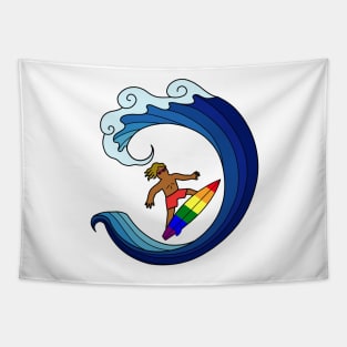 Surfer on blue wave sea ocean. Summer outdoor sport activity concept. Tapestry