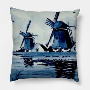 Dutch Blue Delft Windmills Vintage Print Pillow