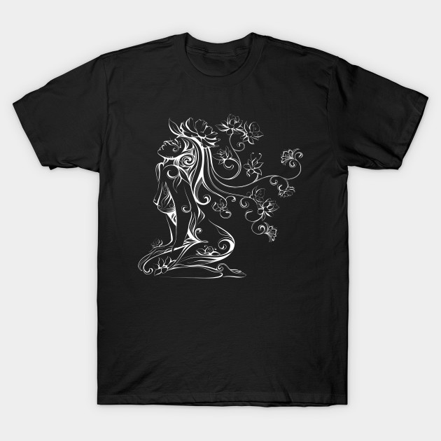 Women White T-shirt Design with Decorative Vine Floral Abstraction