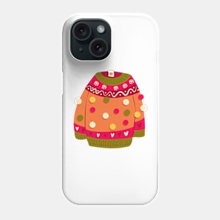 Cute vibrant hand drawn sweater with winter decoration and pom-poms. Colorful holiday vector illustration. Phone Case