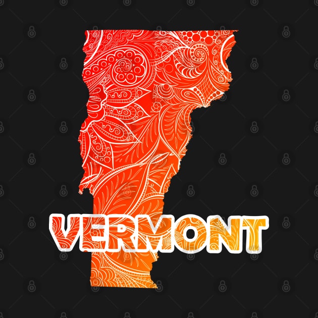 Colorful mandala art map of Vermont with text in red and orange by Happy Citizen