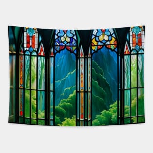 Stained Glass Window Looking Out at Mountains Tapestry