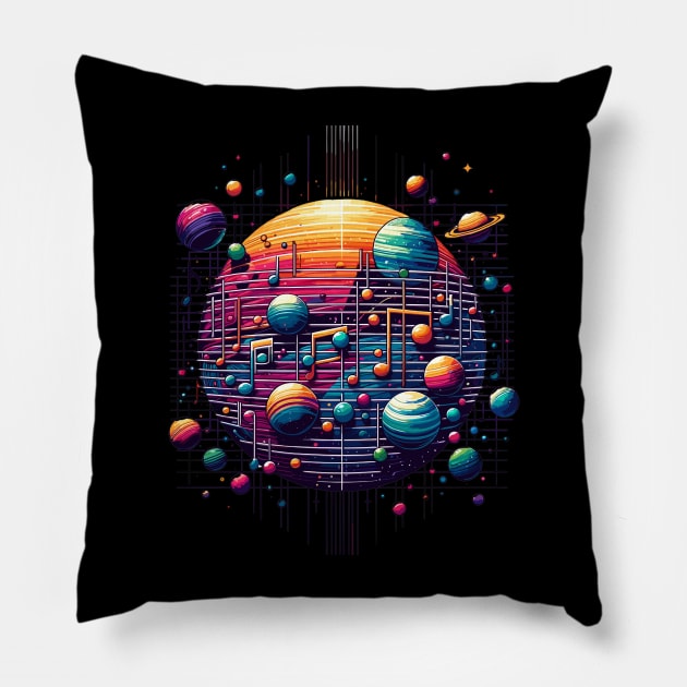 Cosmic Melody: Vibrant Planetary Notes Pillow by Graphic Wonders Emporium