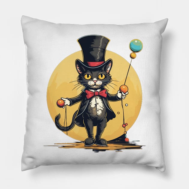 Circus cat juggling in his tuxedo Pillow by Liana Campbell