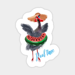 Pool time, cute guinea fowl in watermelon swimming circle and hat Magnet