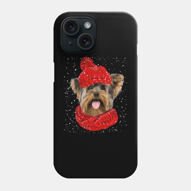 Yorkshire Terrier Wearing Red Hat And Scarf Christmas Phone Case by Vintage White Rose Bouquets