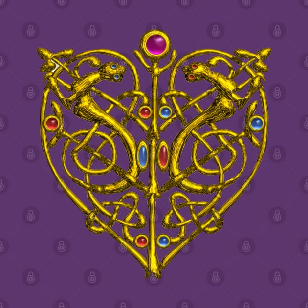 HYPER VALENTINE / GOLD CELTIC KNOT HEART WITH LIZARDS IN PURPLE by BulganLumini