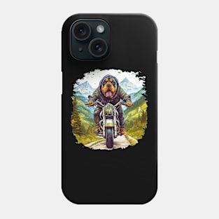 A realistic photographic t-shirt design featuring a Rottweiler Dog on a motorcycle Phone Case