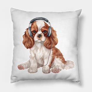 Watercolor Cavalier King Charles Spaniel Dog with Headphones Pillow