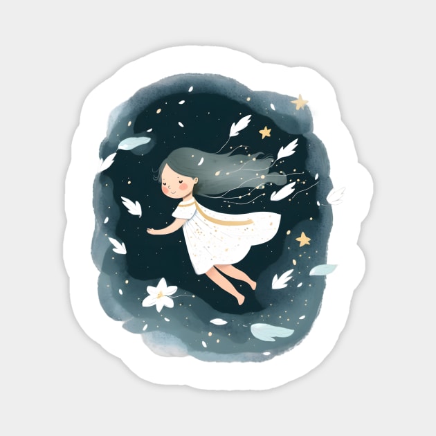 Ethereal White Dress Girl Soaring Amongst Stars and Flowers Magnet by Anicue