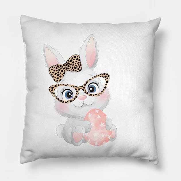 Funny Cute Bunny Wearing Glasses Leopard Easter Day Pillow by kevenwal