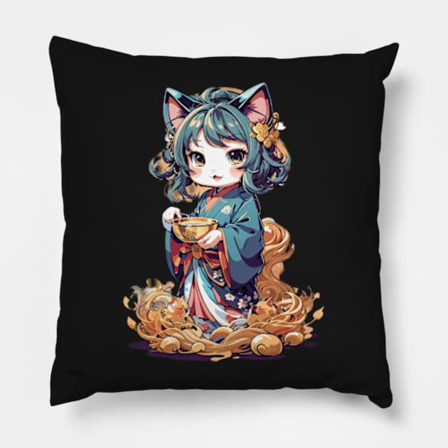 Cute anime cat girl Pillow by BrisaArtPrints