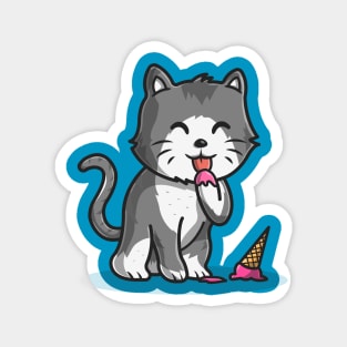 Cute Cat Eating Ice Cream Cone Cartoon Vector Icon Illustration Magnet