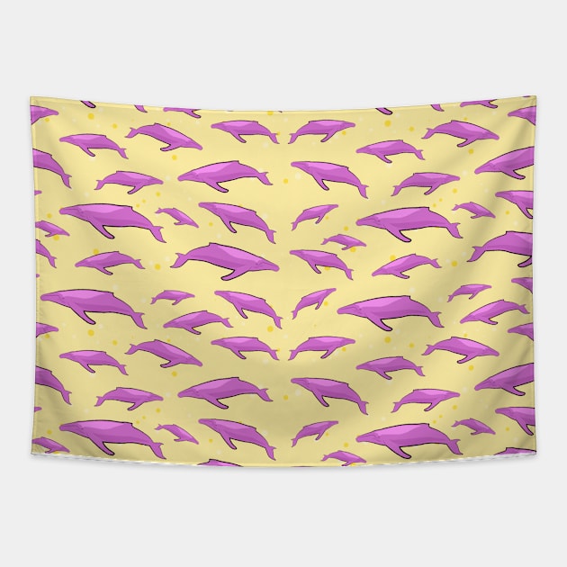 Pink Whale Pattern on Yellow Background Tapestry by DesignWood Atelier