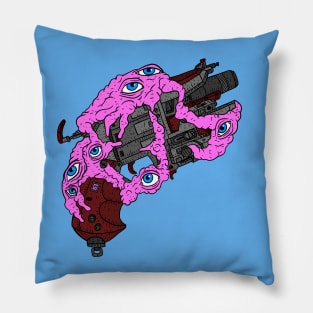 a sci fi artwork, alien eyes guarding a cyberpunk revolver. Pillow