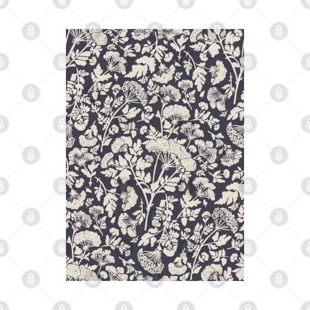 Cream Hemlock Print on Charcoal Grey -  Floral Repeat Pattern by NattyDesigns